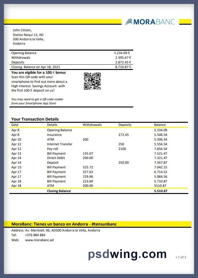 Andorra MoraBank Bank Statement